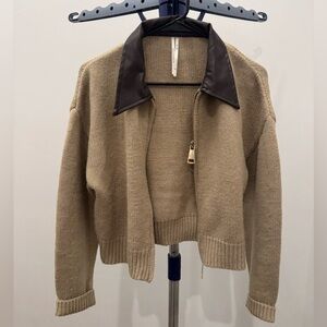 Anthropologie Faux Leather Collar Zip Cardigan Sweater Size XS
